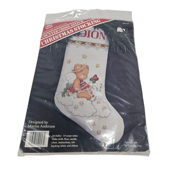 Vintage 90s Banar Designs Cross Stitch Christmas Stocking Angel Bear Craft - Picture 1 of 4